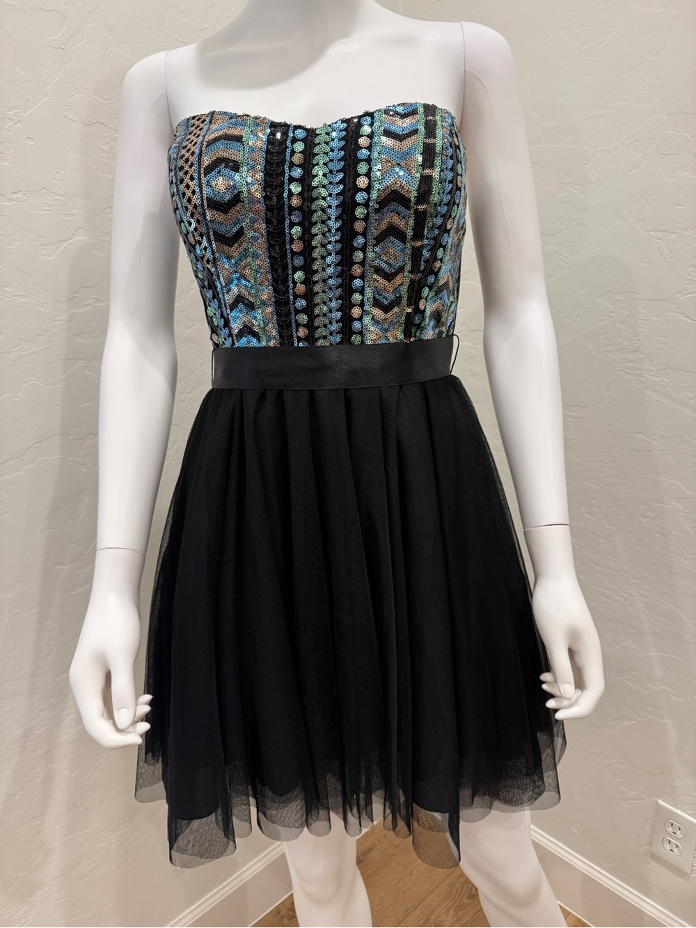 Teeze Me Black Strapless Dress with Blue Beaded Bodice